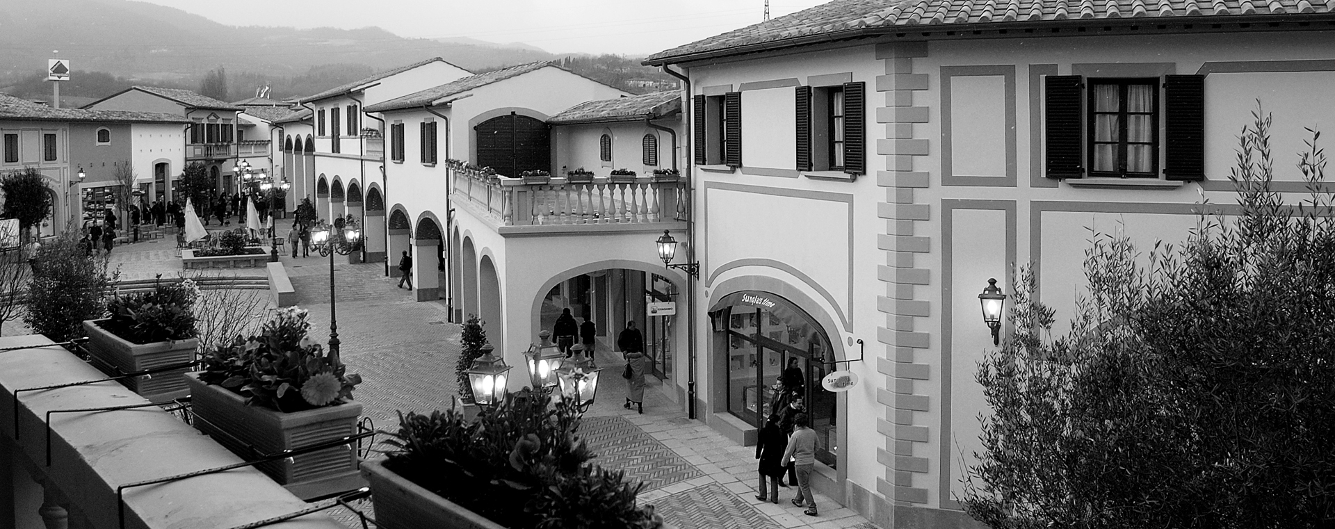 Black and white view of an architectural district